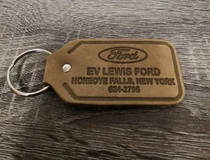 Vtg EV Lewis Ford Dealership Honeoye Falls New York Leather Key Ring Fob Promo  - Picture 1 of 3