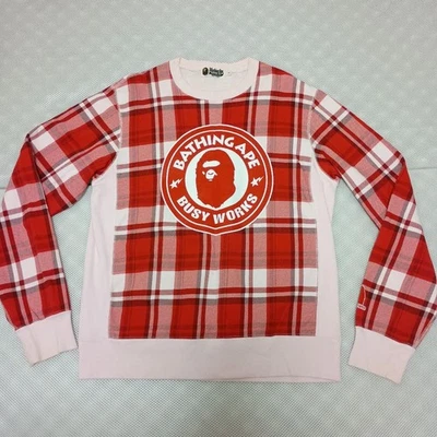 A BATHING APE L Red Pink Checkered Sweatshirt Ape Logo Print Japan - Image 1 of 4