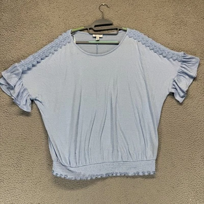 AB Studio Womens Lace Trim Smocked Hem Short Sleeve Top Light Blue Size XXL - Image 1 of 4