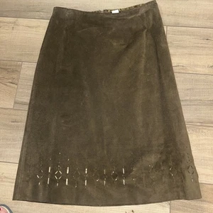 Vintage J Crew Leather Pencil Skirt Brown Laser Cut Hem Suede Cowgirl Hippie 10 - Picture 1 of 8
