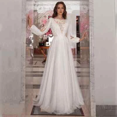 Шикарный трапециевидный свадебные платья аппликация кружева свадебное платье O шеи длинные рукава - Изображение 1 из 4