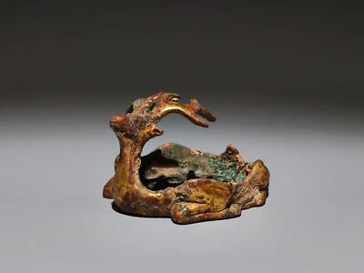 Antigua estatua de lavadora de cepillo de bestia en forma de ciervo dorado de bronce dinastía Han de China de 3,3" Foto 1 de 4