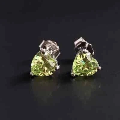 Green Peridot 2.50Ct Heart Cut Lab Created Stud Earrings 14k White Gold Plated - Image 1 of 4