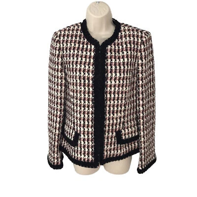 Vintage Dana Buchman Red White Black Houndstooth Wool Blend Tweed Jacket Sz 2 - Image 1 of 4