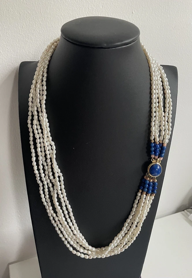 Gold Plated Sterling Silver Multi Strand Pearl Necklace Lapis Lazuli Clasp 22.5" - Image 1 of 4