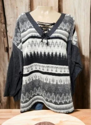 NWT Vintage Havana Aztec Gray Black White Wool Blend Sweater Lace Front sz M - Image 1 of 4