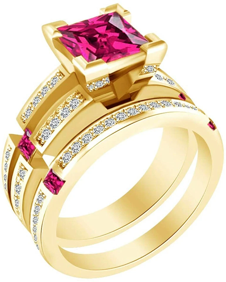 Prcess & Round Simulated Ruby &Simulated Diamond Ring Set 14k Yellow Gold Plated - Image 1 of 1