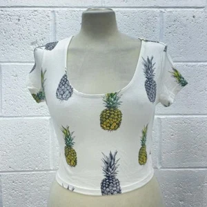 FOREVER 21 PINEAPPLE CROP TOP SHOURT SLEEVE IVORY PRINT COTTON CAP Y2K UK S - Picture 1 of 6