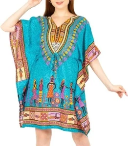 Women's Short African Kaftan Dress Beach Long Cover Up Ethnic Print Color Teal - Picture 1 of 10