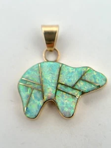 Vintage 14k Solid Yellow Gold Charlie John? Opal Inlay Bear Navajo Pendant - Picture 1 of 12