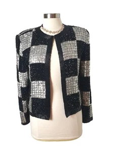 Vintage NITE Line Black Silver Sequin Jacket S Checkered Open Front Silk India - Picture 1 of 7