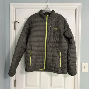 Outdoor Research Jacket Mens L Gray Neon Goose Down Puffer Transcendent - Picture 1 of 11