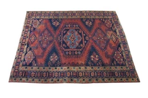 Semi Antique Turkish Geometric Hand Knotted Wool Kilim Area Rug Red Blue 5 x 6' - Picture 1 of 12