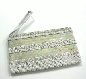 Pochette pochette con perline paillettes zip cinturino da polso bianco iridescente fatta a mano - Foto 1 di 6