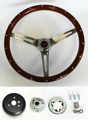 60-69 Chevrolet C10 C20 Truck Steering Wheel Wood rivets 15" High Gloss Red/Blk - Image 1 of 4