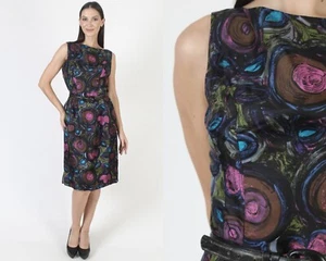 Vintage Black Floral Chiffon Rockabilly Dress Mid Century Atomic Pin Up Tank - Picture 1 of 6