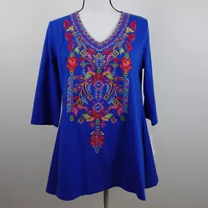 Calessa Embroidered Tunic Top Women's Size S Blue Loose Fit V-Neck - Picture 1 of 8