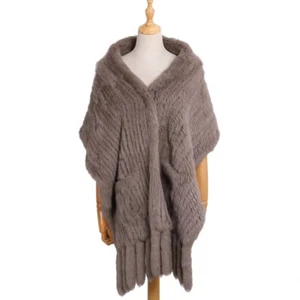 Sciarpa donna vera pelliccia di coniglio in maglia con nappe scialle invernale mantello - Foto 1 di 11