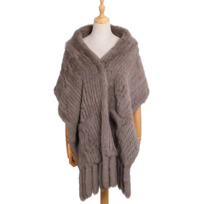 Cachecol feminino genuíno de malha de pele de coelho com borlas envoltório de inverno xale capa - Imagem 1 de 4