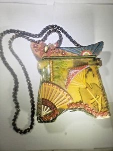 Vintage MARY FRANCES Hand Beaded Bag Purse ASIAN LADY Pagoda Shaped Cross Body - Picture 1 of 13
