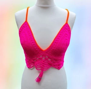Handmade Boho Chic Crochet Halter Top with beads , Festival Ready Beach Wear - Picture 1 of 7