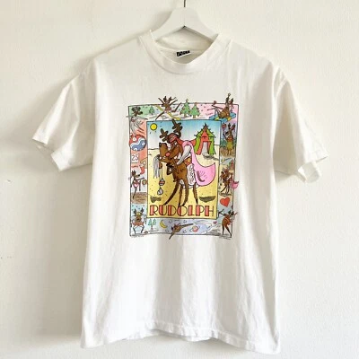 Camiseta Gráfica Arte Tela Vintage Blanca M Rudolph Reindeers Anillo Águila Navidad Foto 1 de 4