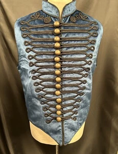 Steampunk Military Blue Velvet Waistcoat With Black Braid Trim Size ML - Picture 1 of 11