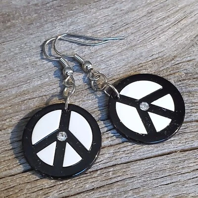Vintage Y2K White Black Lucite Austrian Crystal Round Peace Sign Earrings - Image 1 of 4