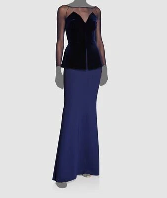 $1090 Chiara Boni 女式蓝色船领长袖天鹅绒荷叶裙 8 码 — 第 1/4 张图片