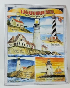 Leuchttürme Blechschild Leuchtfeuer in der Nacht Künstler Bob Bates USA Distressed 16x12 - Bild 1 von 9