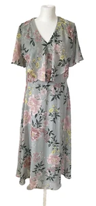 Damart Grey Multi Floral Chiffon V Neck Short Sleeve Occasion Tea Dress Size 14. - Picture 1 of 9