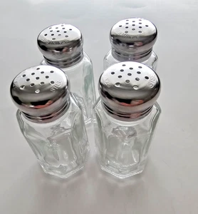 Tablecraft 1 Oz Runde Glas Salz & Pfefferstreuer 3" Hoch Metallplatten 4er Pack NEU - Bild 1 von 5