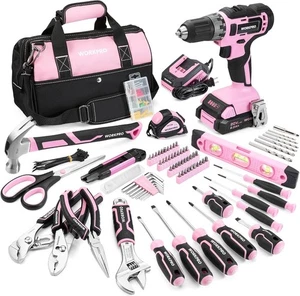 Kit de herramientas para el hogar rosa 157 piezas juego de taladro inalámbrico de 20 V con bolsa de herramientas - Imagen 1 de 8
