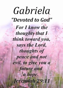 Tarjeta de significado de nombre de recuerdo Gabriela "Dedicada a Dios" con versículo bíblico - Imagen 1 de 1