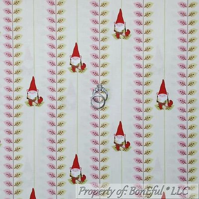 BonEful Fabric FQ Cotton Quilt VTG Cream Red Pink Green GNOME Leaf Stripe Garden - Image 1 of 4
