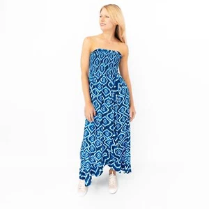 Monsoon Womens Dress Beach Midi Strapless Blue Tie-Dye Summer Shirred Bodice - Picture 1 of 11