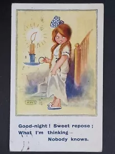 Cómic Postal 1920 Linda Niña Pelo Largo Moño Vela Camisón V. W. Sternberg - Imagen 1 de 2