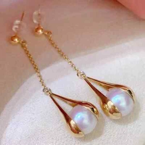 Gorgeous 9-10mm AAA+ South Sea Round White Pearl Dangle Earring 925s - Picture 1 of 6