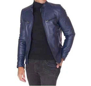 Chaqueta de cuero azul oscuro para hombre 100 % piel de cordero real motociclista motocicleta abrigo chaqueta - Imagen 1 de 7