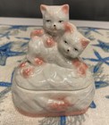 Vintage Lusterware Pink White Two Cat Kitten Heart Shaped Trinket Vanity Box 