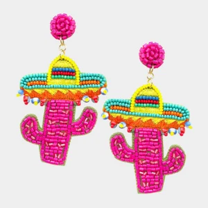 NEW Bright Pink Festive Cactus Sombrero Hat Multi-Color Seed Bead Party Earrings - Picture 1 of 1