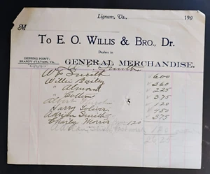1900's E. O. Willis & Bro. General Merchandise Billhead Receipt Lignum, Virginia - Picture 1 of 1