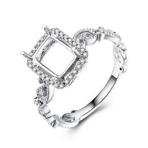 Emerald Cushion 8x6mm Diamonds Semi Mount Engagement Ring Setting 14k White Gold