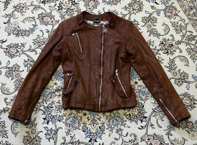 Doma Brown Leather Jacket Zipper Pockets Stand Collar - Image 1 of 4