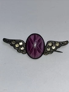 Spilla antica viola cabochon stella strass vaso metallo pietra mancante - Foto 1 di 15