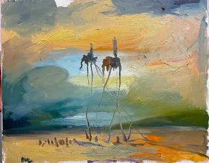 Dali Elephants Surrealism Landscape Figures Modern Art 16x20 Oil On Canvas - Picture 1 of 4