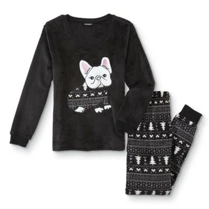 Joe Boxer Juniors' 2-Pc Fleece Black Pajama/Sleepwear Top & Pants Set Dog Puppy - Picture 1 of 4