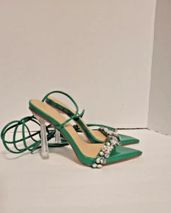 Sandalias Vivianly Verde Tirantes Stiletto Transparente Tacones Altos Estrás Con Cordones 7.5 - Imagen 1 de 10
