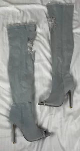 Women Size 6.5 Denim Over Knee Boot Sexy Stiletto High Heels Peep Toe Side Zip - Picture 1 of 19
