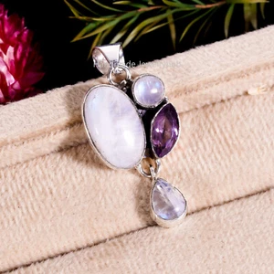Moonstone & Amethyst Pendant 925 Sterling Silver Handmade jewelry Gift PL-1060 - Picture 1 of 3
